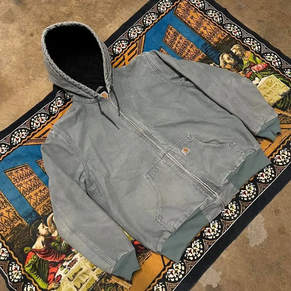 Vintage blue Carhartt Jacket Zip up canvas jacket Size Large j130 hooded jacket